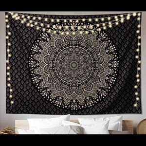 New Black and Gold Mandala Tapestry Wall Hanging 71”x91”